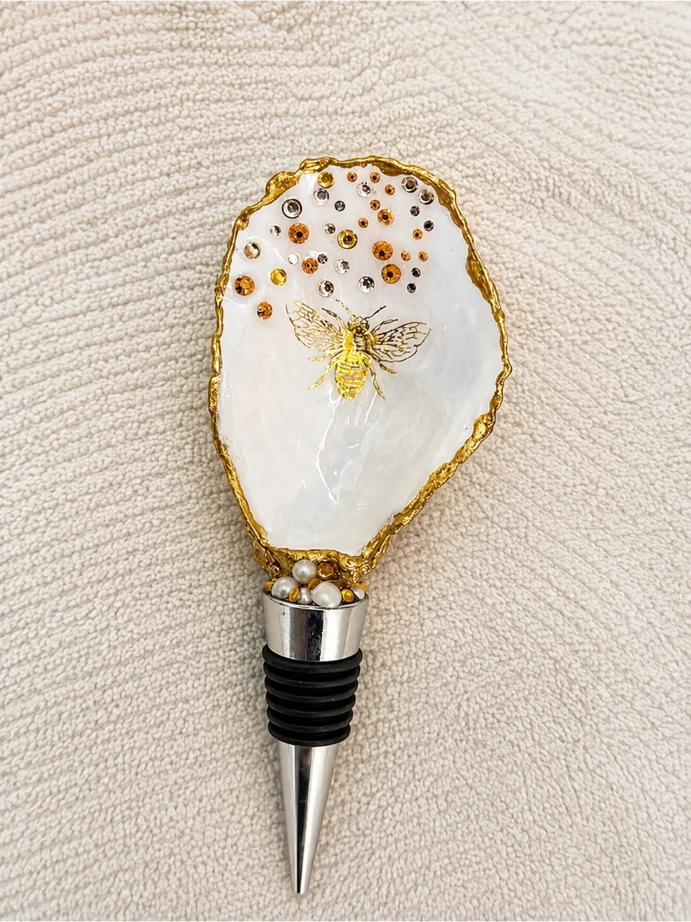 Gold & White Bee Oyster Shell Wine Stopper, Handmade by Me